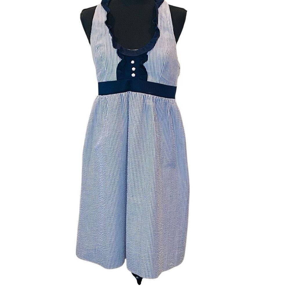 Molly B Striped Halter T-back Strap Ruffle Trim Cotton Dress Blue White Size 8